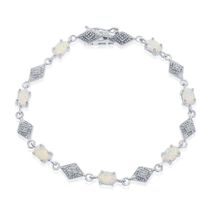 Sterling Silver Oval White Opal With Marquise Shape CZ Bracelet ,
