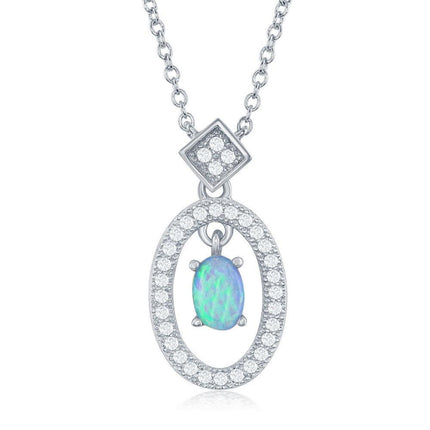Sterling Silver Oval with Center Opal with CZ Border Necklace ,