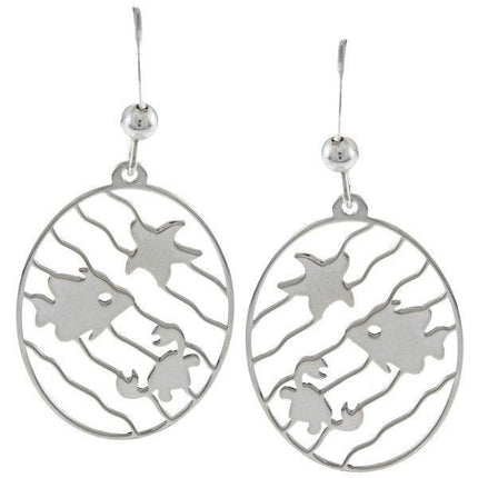 Sterling Silver Oval with Wavy Lines Sea Life Earrings ,