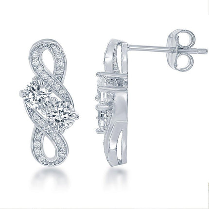 Sterling Silver Overlapping Two Stone CZ Earrings ,