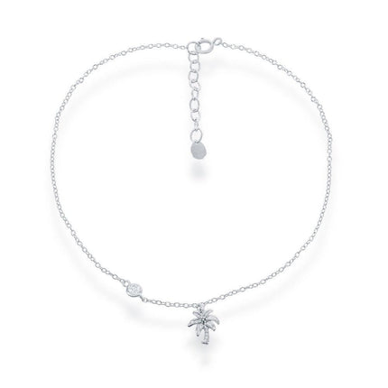 Sterling Silver Palm Tree with Single Cubic Zirconia Anklet ,