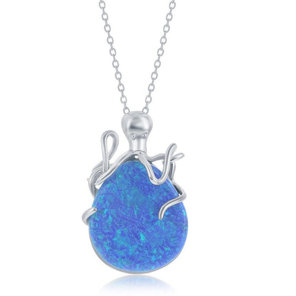 Sterling Silver Pear-Shaped Blue Opal Octopus Pendant ,