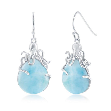 Sterling Silver Pear-Shaped Larimar Octopus Earrings ,