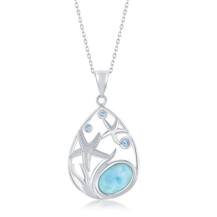 Sterling Silver pear-Shaped Starfish Blue CZ and Larimar Pendant ,