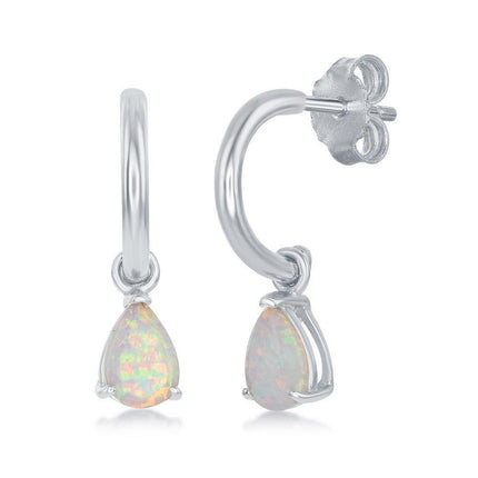 Sterling Silver Pear-Shaped White Inlay Opal Open Hoop Earrings ,