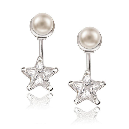 Sterling Silver Pearl Front with Star Back Earrings ,