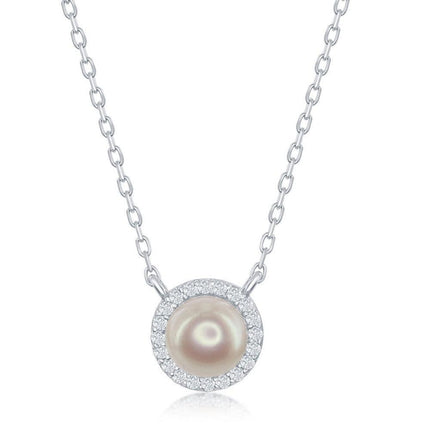 Sterling Silver Pearl with Cubic Zirconia Border Necklace ,