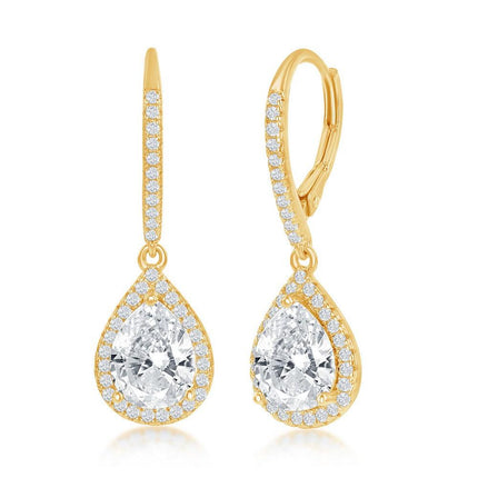 Sterling Silver Pearshaped Halo Dangling Earrings - Gold Plated ,