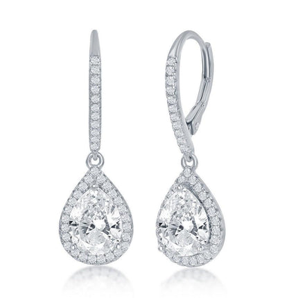 Sterling Silver Pearshaped Halo Dangling Earrings ,