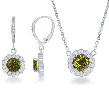 Sterling Silver Peridot CZ August Birthstone With CZ Border Round Earrings and Necklace Set ,