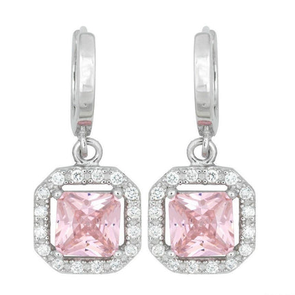 Sterling Silver Pink CZ Micro Pave Square Earrings ,