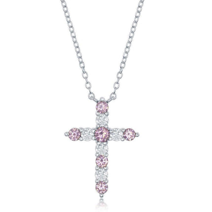 Sterling Silver Pink CZ October Birthstone Cross Necklace ,