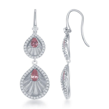 Sterling Silver Pink Double CZ Teardrop Earrings ,