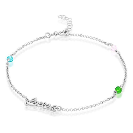 Sterling Silver Pink, Green and Blue Crystals with Love Anklet ,