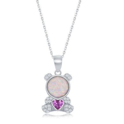 Sterling Silver Pink Heart CZ Bear Pendant ,
