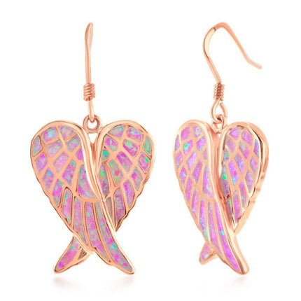 Sterling Silver Pink Inlay Opal Angel Wings Earrings - Rose Gold Plated ,