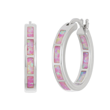 Sterling Silver Pink Inlay Opal Hoop Earrings ,