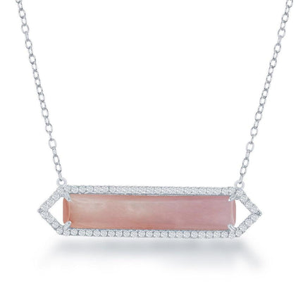 Sterling Silver Pink MOP with CZ Bar Necklace ,
