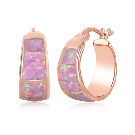 Sterling Silver Pink Opal Wide Squares Small Hoop Earrings - Rose Gold Plated ,
