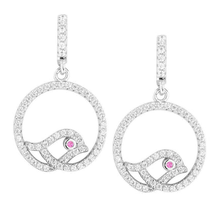 Sterling Silver Pink Open Round CZ Bird Earrings ,
