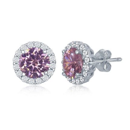 Sterling Silver Pink Prong Round Stud Earrings ,