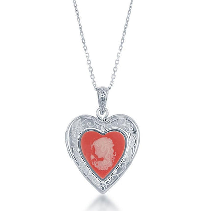 Sterling Silver Pink Stone Cameo Heart Locket ,