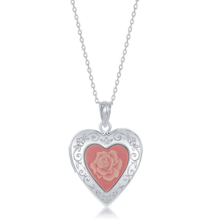 Sterling Silver Pink Stone Flower Heart Locket ,