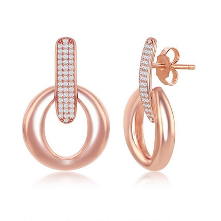 Sterling Silver Polished Door-Knocker Pave Earrings - Rose Gold Plated ,
