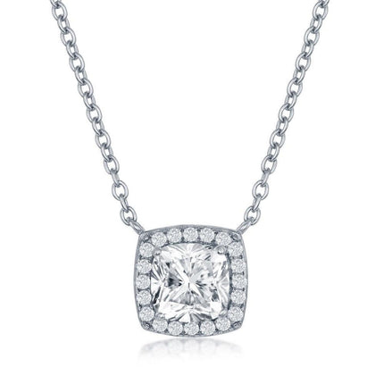 Sterling Silver Princess-Cut with CZ Border Necklace ,