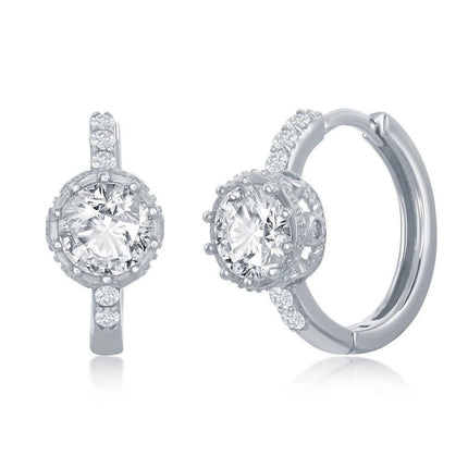 Sterling Silver Prong Crown Set CZ Huggie Hoop Earrings ,