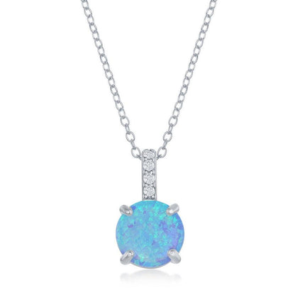 Sterling Silver Prong Round Blue Opal With CZ Pendant ,