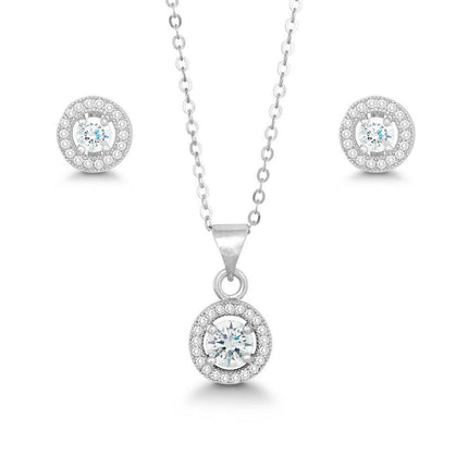 Sterling Silver Prong Round Clear CZ Pendant and Earrings Set ,