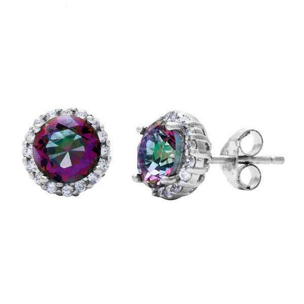 Sterling Silver Prong Round Rainbow CZ with Clear CZ Border Earrings ,