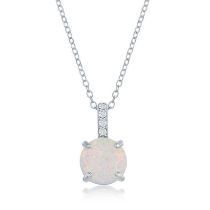 Sterling Silver Prong Round White Opal With CZ Pendant ,