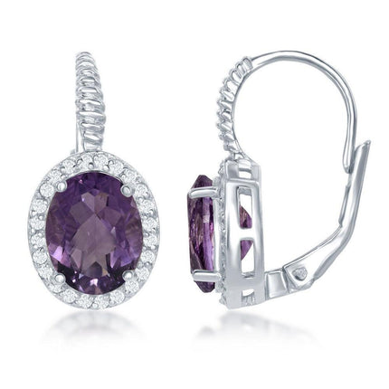 Sterling Silver Purple Amethyst Oval Earrings ,