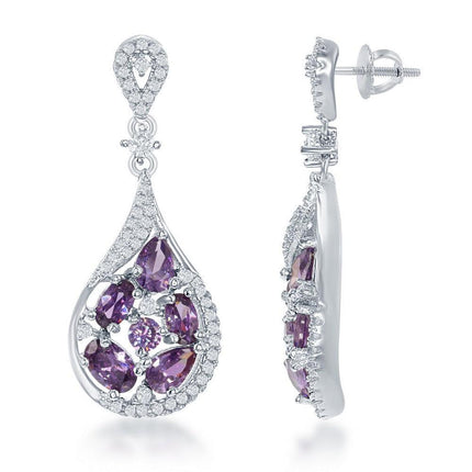 Sterling Silver Purple CZ Teardrop Earrings ,