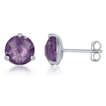 Sterling Silver Purple Round Amethyst Stud Earrings ,