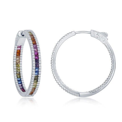 Sterling Silver Rainbow and White CZ Hoop Earrings ,