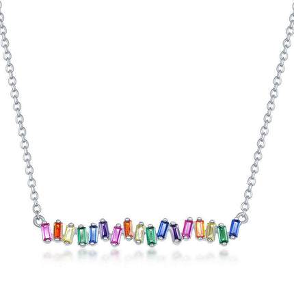 Sterling Silver Rainbow Baguette Cubic Zirconia Bar Necklace ,