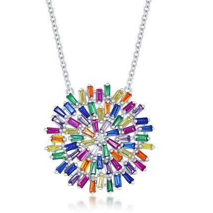 Sterling Silver Rainbow Baguette Cubic Zirconia Round Necklace ,