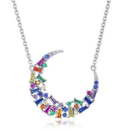 Sterling Silver Rainbow Baguette CZ Crescent Moon Necklace ,