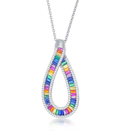 Sterling Silver Rainbow Baguette CZ Pear Shaped Necklace ,
