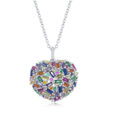 Sterling Silver Rainbow Baguette CZ Puffed Heart Necklace ,