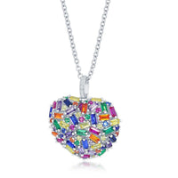 Sterling Silver Rainbow Baguette CZ Puffed Heart Necklace ,