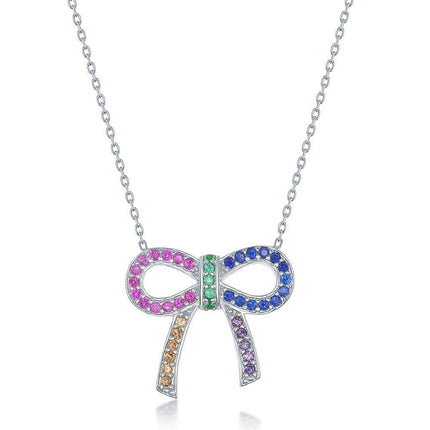 Sterling Silver Rainbow Cubic Zirconia Bow knot Necklace ,