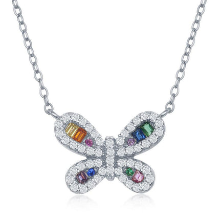 Sterling Silver Rainbow Cubic Zirconia Butterfly Necklace ,