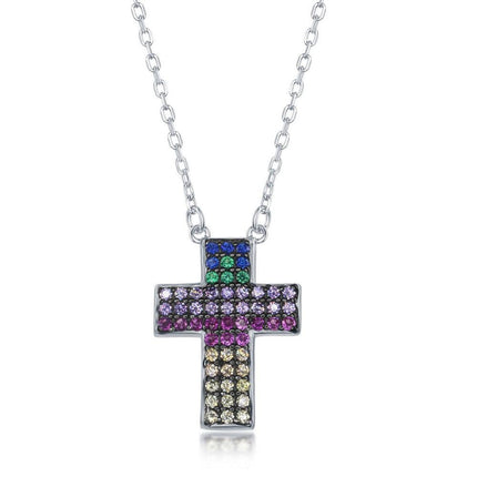 Sterling Silver Rainbow Cubic Zirconia Cross Necklace ,