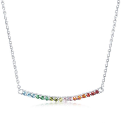 Sterling Silver Rainbow Cubic Zirconia Curved Bar Necklace ,