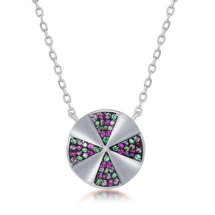 Sterling Silver Rainbow Cubic Zirconia Designed Disc Necklace ,