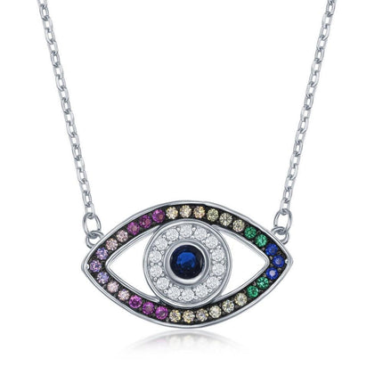 Sterling Silver Rainbow Cubic Zirconia Evil Eye Necklace ,